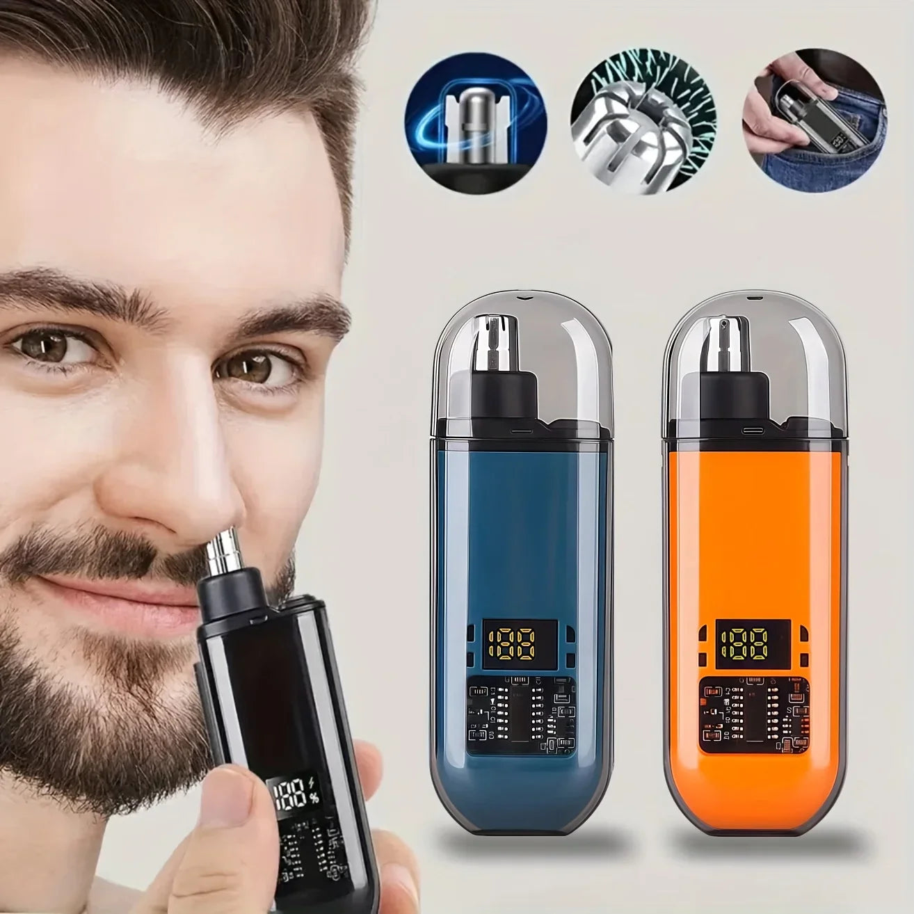 Men's USB Rechargeable Nose Ear Hair Trimmer - 150mAh Fast Charge, Digital Display, Precision Blade, Compact Design