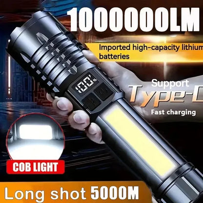 Super Bright COB LED Flashlight TYPE-C Rechargeable Zoomable With Side Light Waterproof Torch Camping Hiking Emergency Outdoor