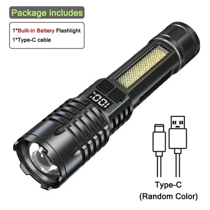 Super Bright COB LED Flashlight TYPE-C Rechargeable Zoomable With Side Light Waterproof Torch Camping Hiking Emergency Outdoor