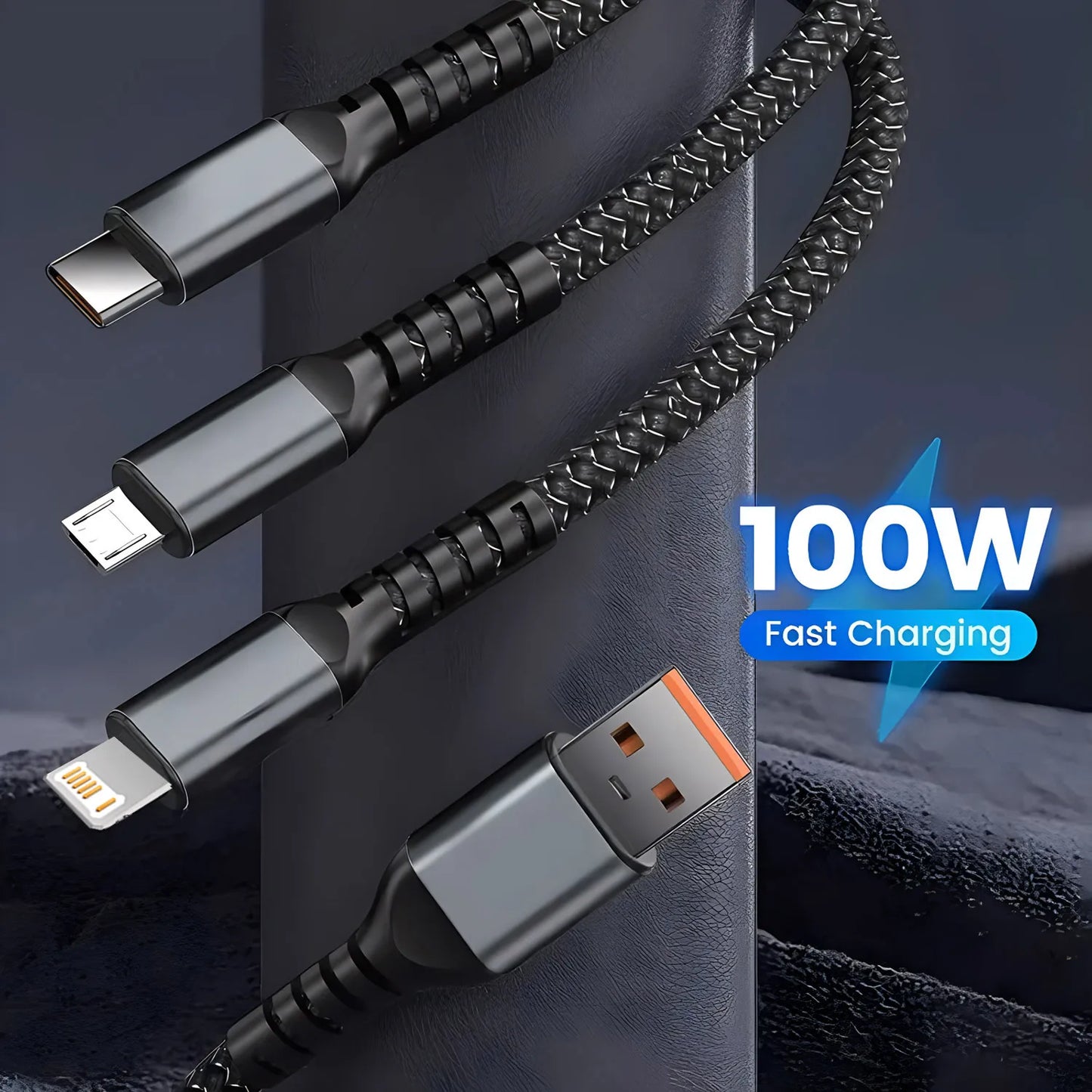⚡ 100W 3-in-1 Fast Charging Nylon Braided Cable