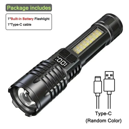 Super Bright COB LED Flashlight TYPE-C Rechargeable Zoomable With Side Light Waterproof Torch Camping Hiking Emergency Outdoor