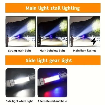 Super Bright COB LED Flashlight TYPE-C Rechargeable Zoomable With Side Light Waterproof Torch Camping Hiking Emergency Outdoor