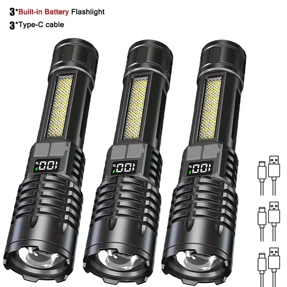 Super Bright COB LED Flashlight TYPE-C Rechargeable Zoomable With Side Light Waterproof Torch Camping Hiking Emergency Outdoor