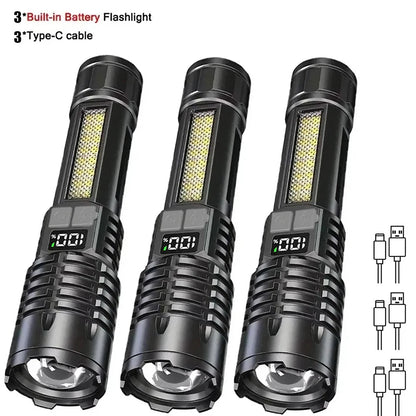 Super Bright COB LED Flashlight TYPE-C Rechargeable Zoomable With Side Light Waterproof Torch Camping Hiking Emergency Outdoor