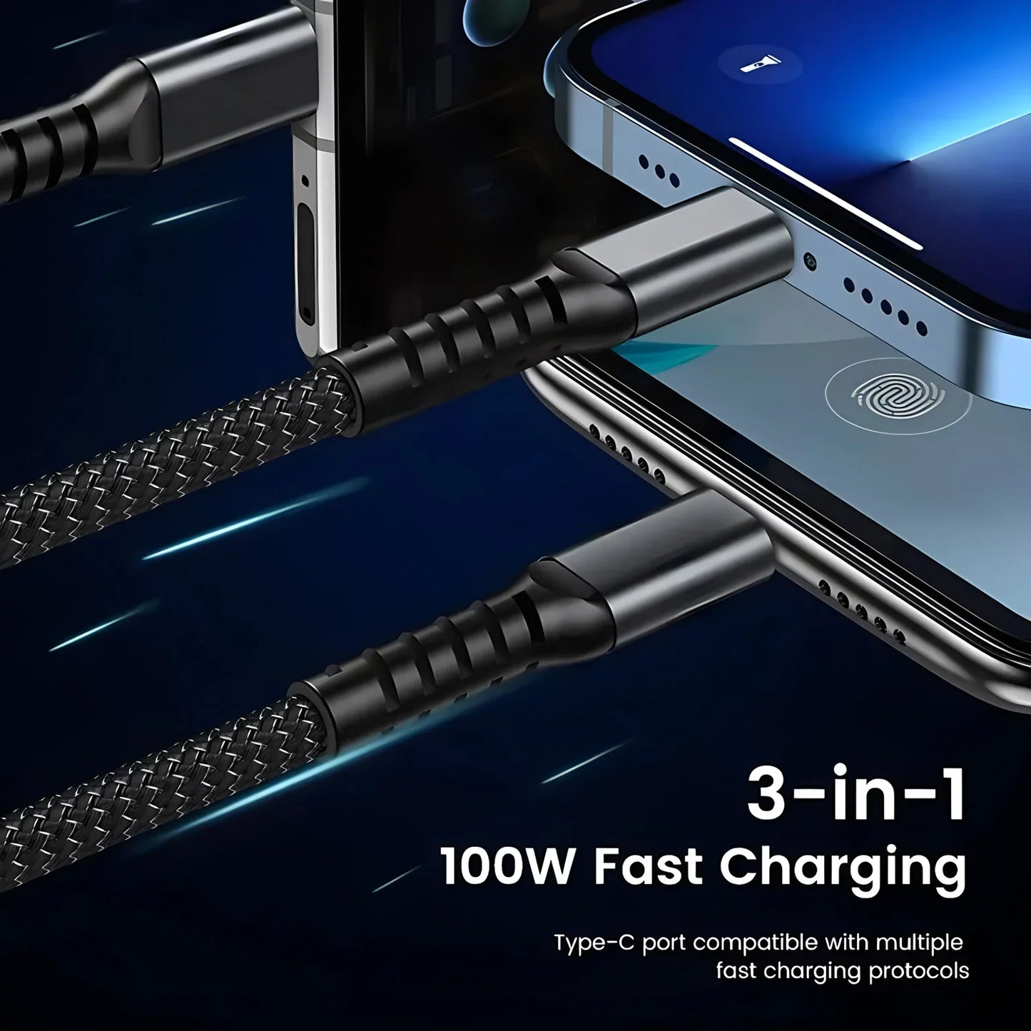 ⚡ 100W 3-in-1 Fast Charging Nylon Braided Cable
