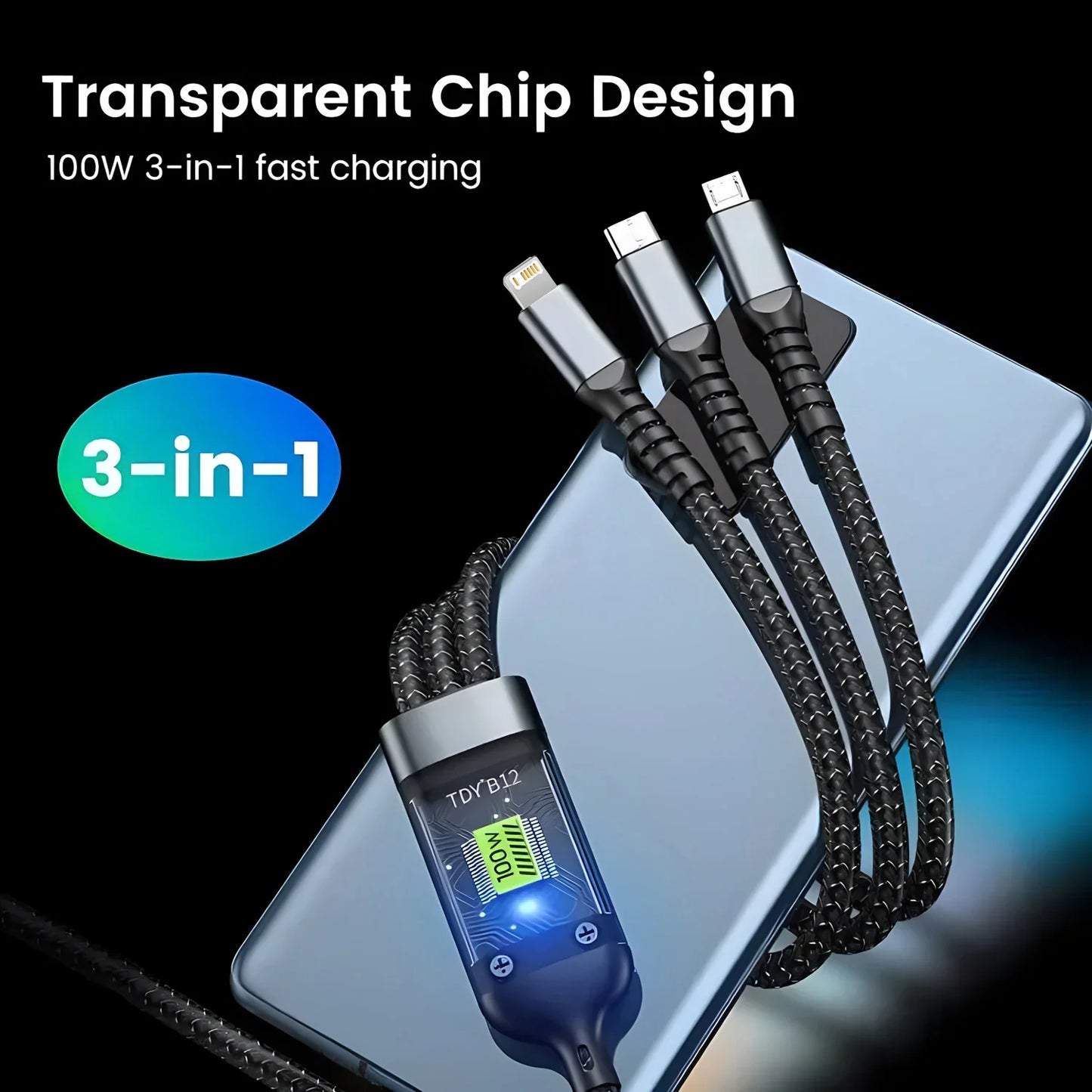 ⚡ 100W 3-in-1 Fast Charging Nylon Braided Cable