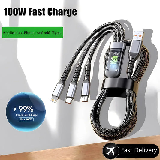 ⚡ 100W 3-in-1 Fast Charging Nylon Braided Cable
