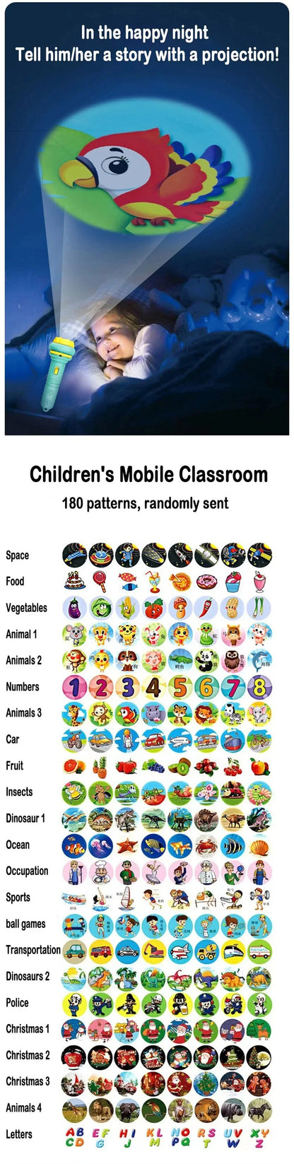 Kids Cartoon Projector Flashlight - 10 Slide Cards Bedtime Story Toy for Children