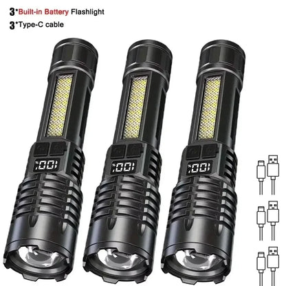 Super Bright COB LED Flashlight TYPE-C Rechargeable Zoomable With Side Light Waterproof Torch Camping Hiking Emergency Outdoor