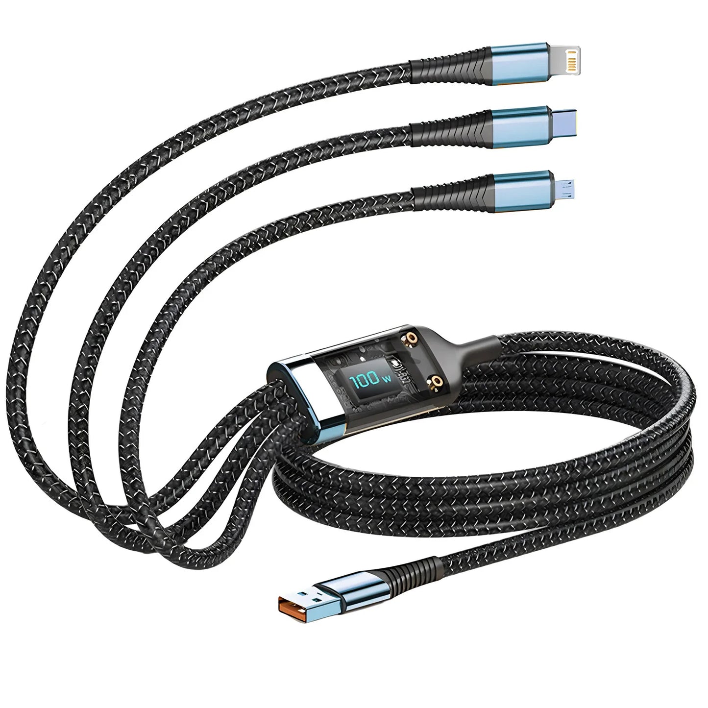 ⚡ 100W 3-in-1 Fast Charging Nylon Braided Cable