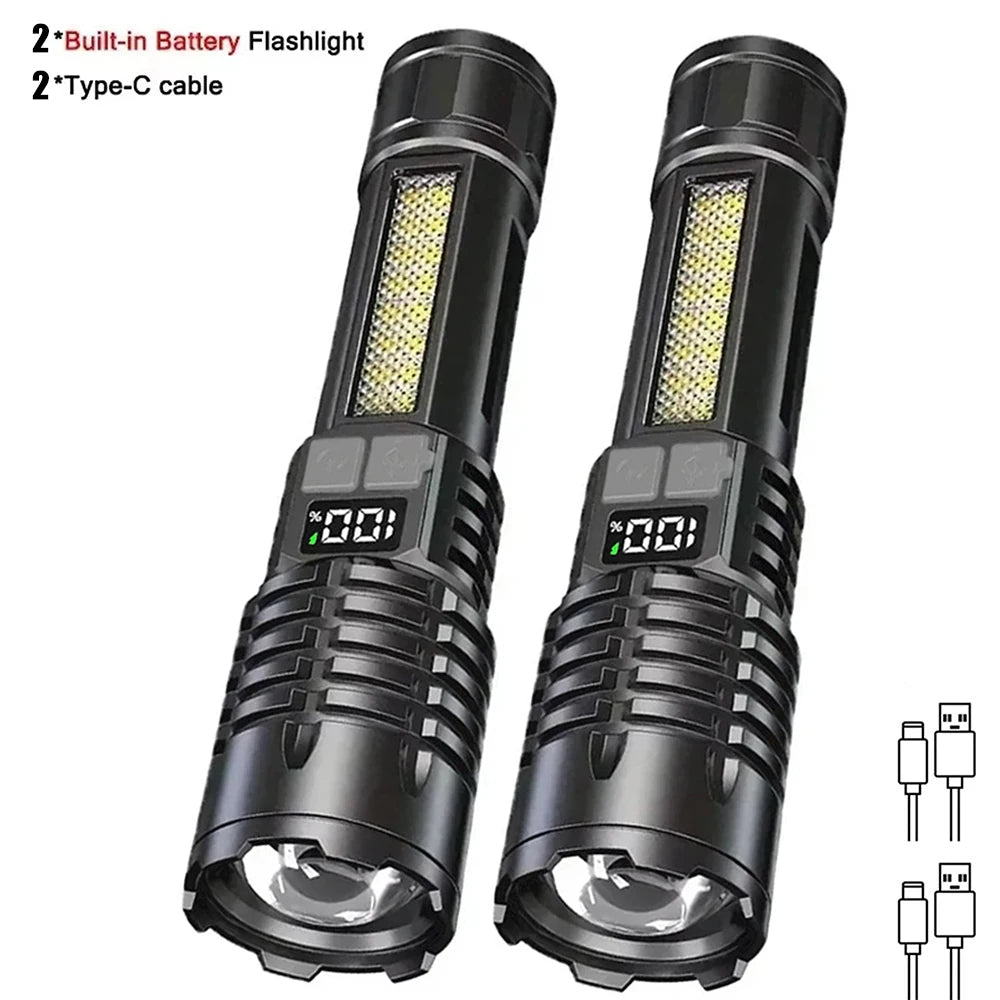 Super Bright COB LED Flashlight TYPE-C Rechargeable Zoomable With Side Light Waterproof Torch Camping Hiking Emergency Outdoor