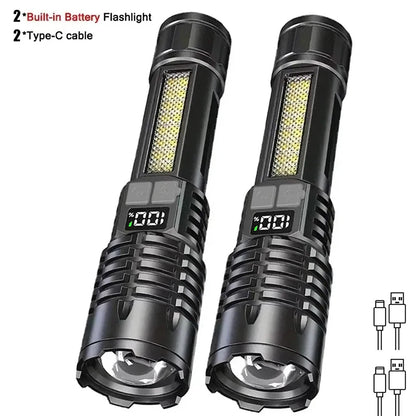 Super Bright COB LED Flashlight TYPE-C Rechargeable Zoomable With Side Light Waterproof Torch Camping Hiking Emergency Outdoor