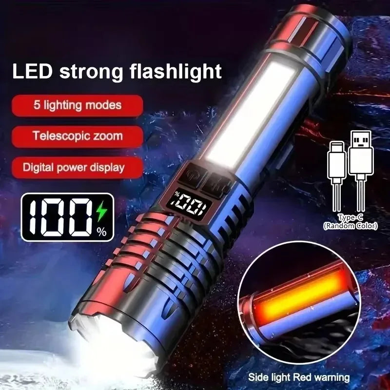 Super Bright COB LED Flashlight TYPE-C Rechargeable Zoomable With Side Light Waterproof Torch Camping Hiking Emergency Outdoor